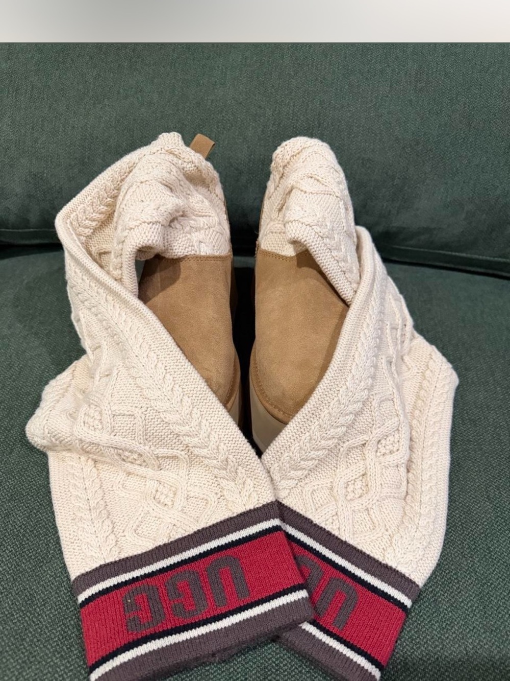 UGG Sweater Letter Cable Knit Tall Platform Boot in Chestnut and Cream - Picture 3 of 6